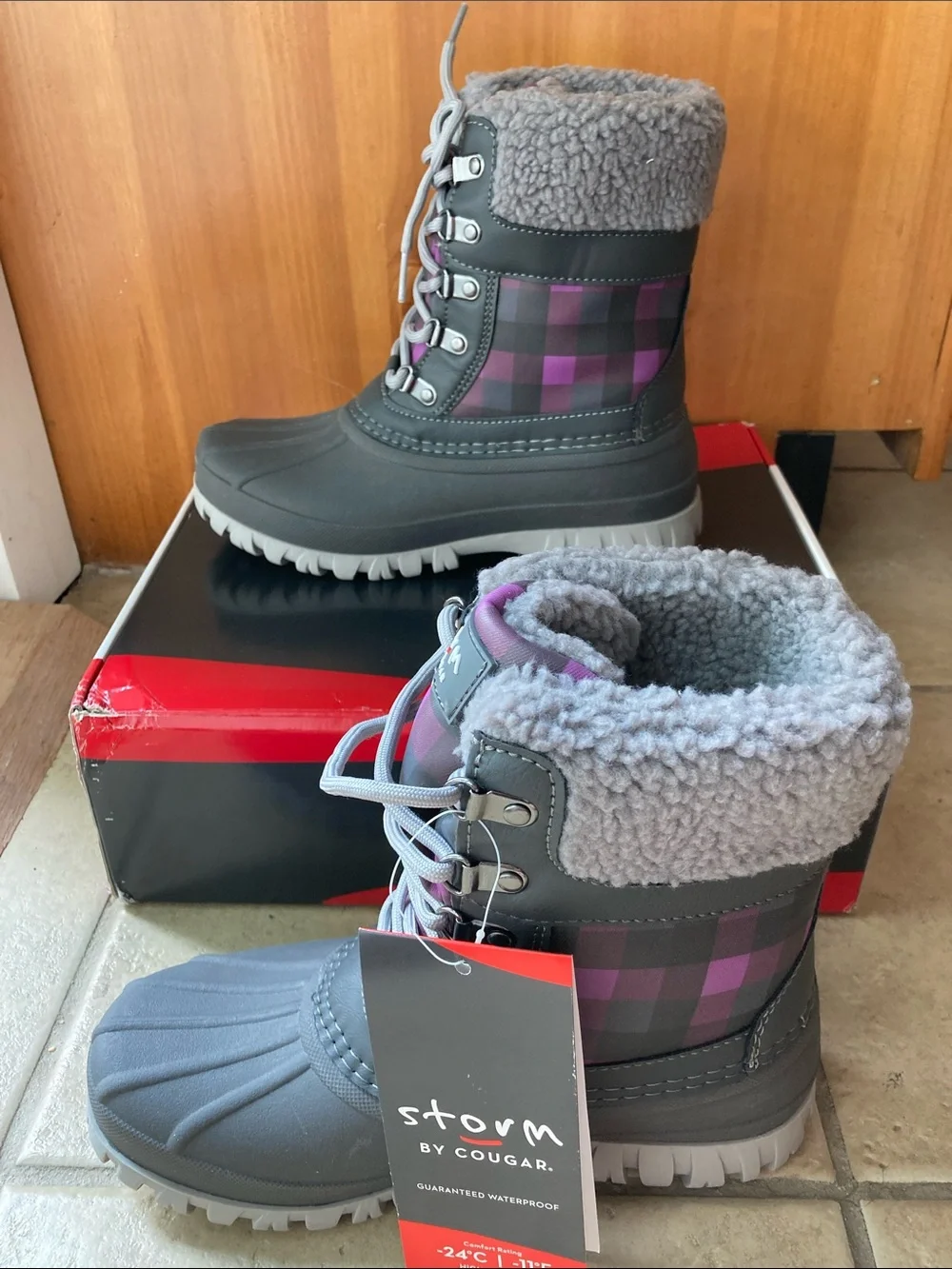 NWT Cougar Storm Gray and Purple Plaid Winter Boot -Size 7